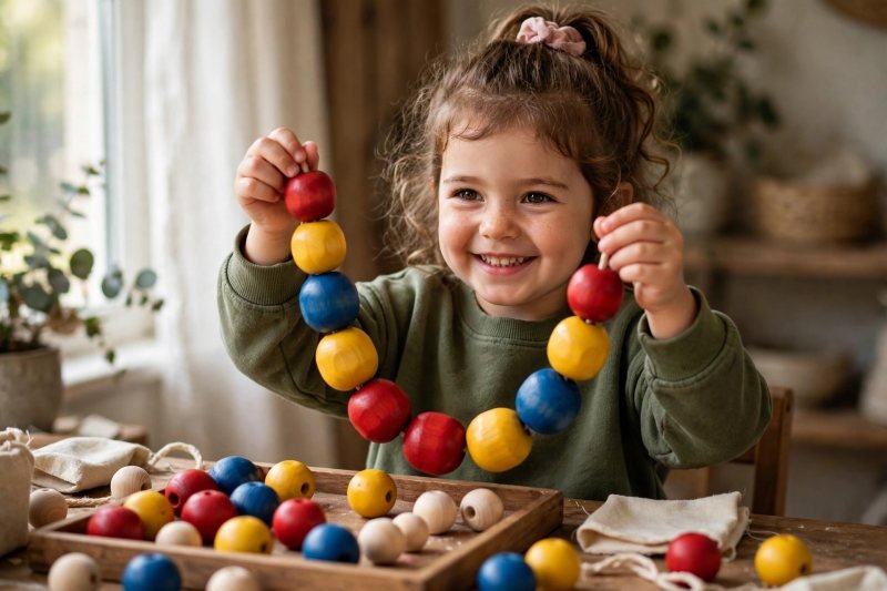 Smiling four-year-old girl holding up a finished wooden bead necklace at a sunny craft table