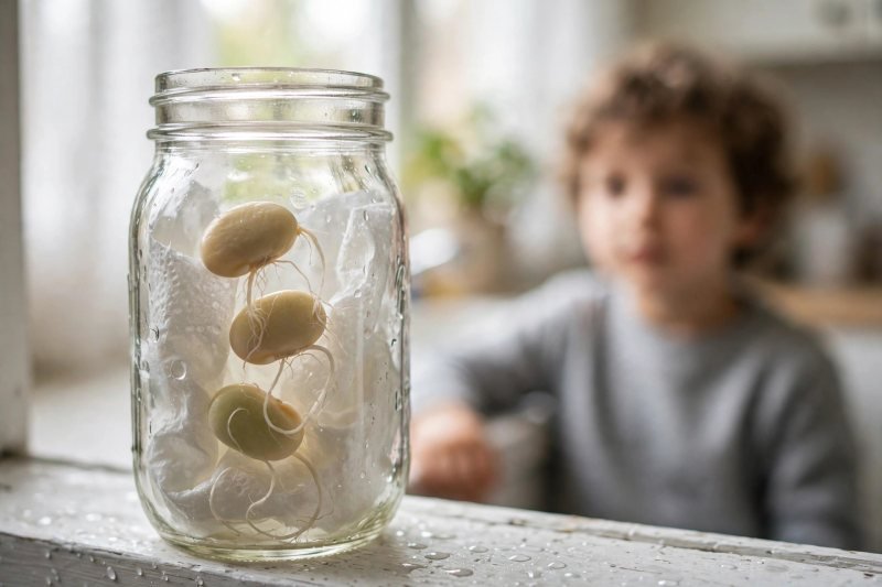 Glass jar lined with damp towels holding soaked beans with white roots on a windowsill