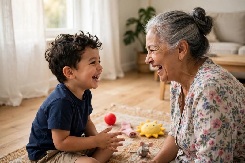 Grandmother and grandson laughing on a rug with sound-sorting toys around them