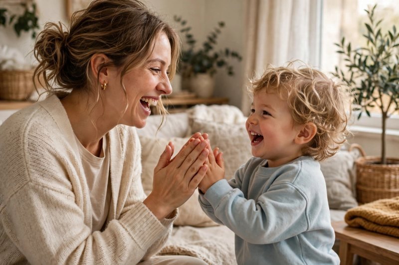 Smiling parent and toddler clapping and singing nursery rhymes together in a bright living room