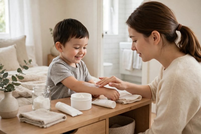 Mother smoothing cream onto boy's forearm beside plain white tub.