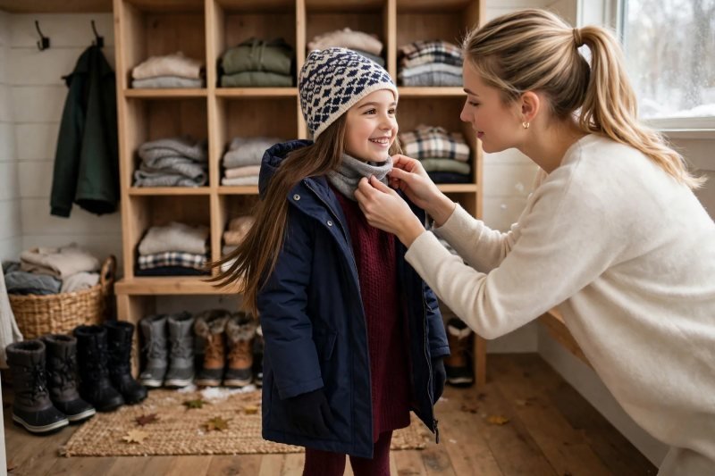 Girl in sweater dress parka and patterned hat while mother adjusts gaiter.
