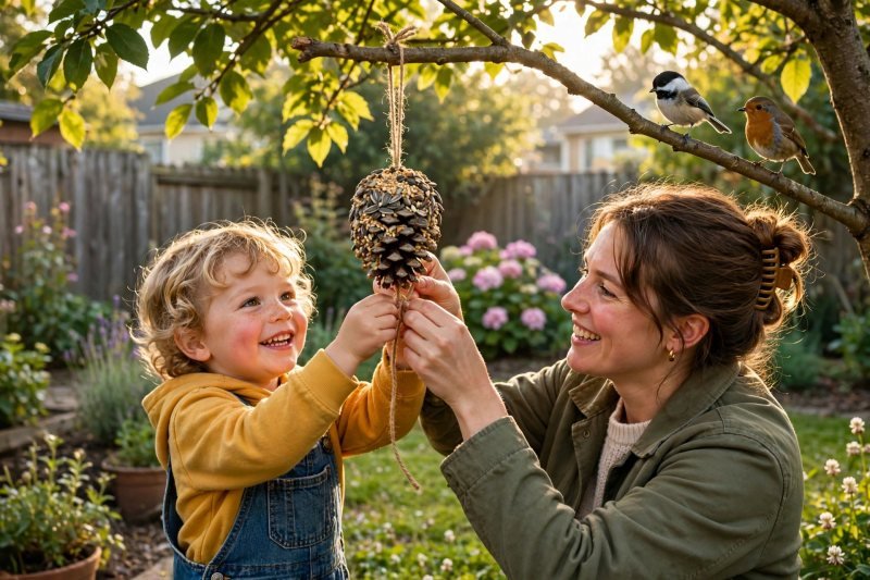Child and parent hanging a seed-covered pine-cone bird feeder on a backyard branch