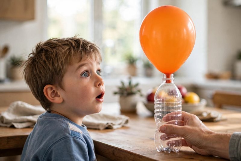 A five-year-old watches a balloon inflate itself over a vinegar bottle on a kitchen table
