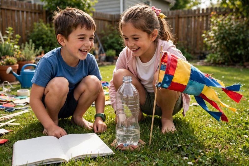 Two smiling children in a sunny backyard beside a homemade weather station with wind sock, bottle gauge, and open journal.