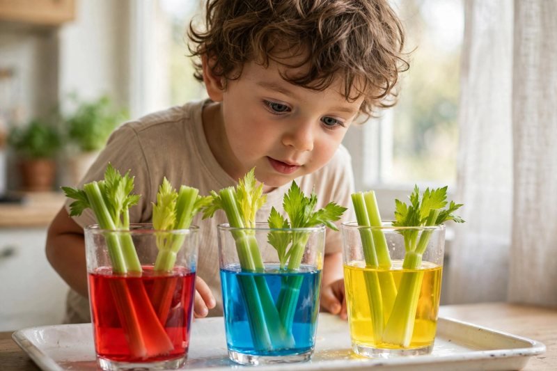 Preschooler peering at celery stalks standing in red, blue, and yellow water glasses