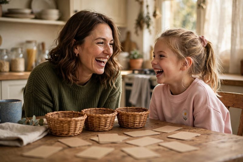 Mother and daughter laughing over face-down word cards and baskets at a kitchen table.