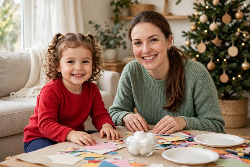 A mother and her young daughter smile at a craft table with Christmas supplies.