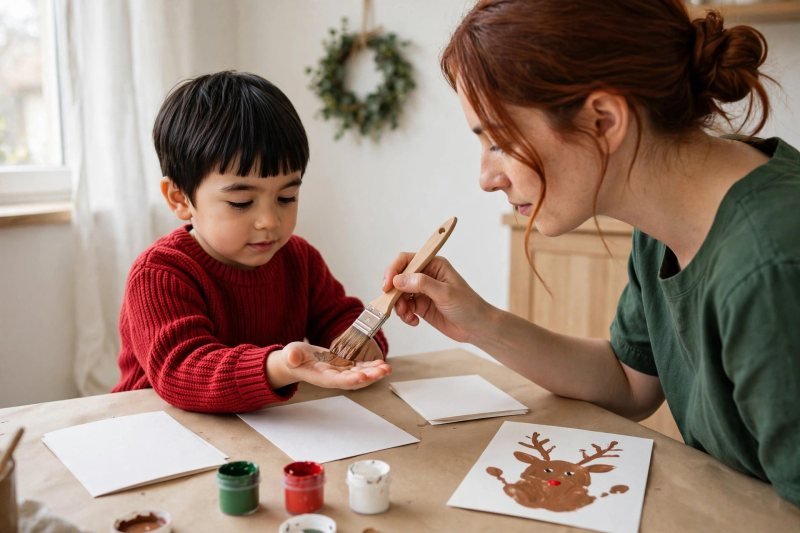 A mother brushes brown paint onto her son's palm beside a finished reindeer card.