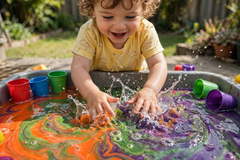 Toddler splashing hands in swirling orange, green, and purple water in a backyard tub