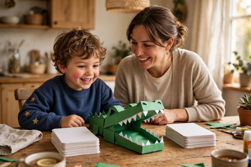 Five-year-old and parent playing a comparing numbers game with a paper alligator