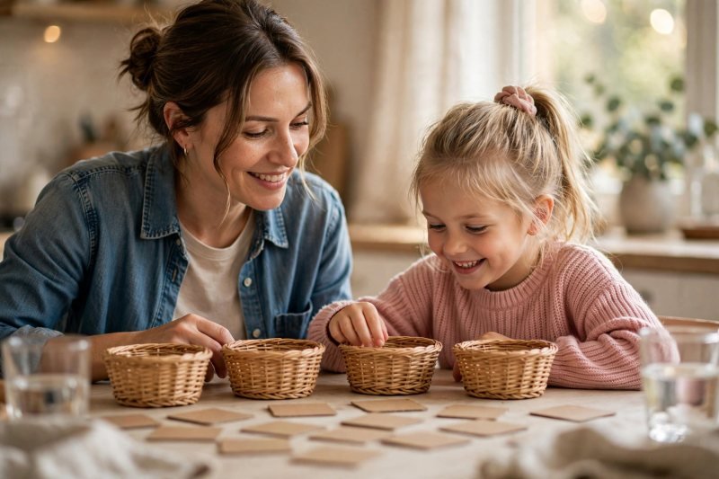 Parent and child sorting face-down consonant blend word cards at a bright kitchen table