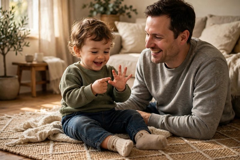 Happy toddler counting on fingers with a parent, easy counting activities for toddlers