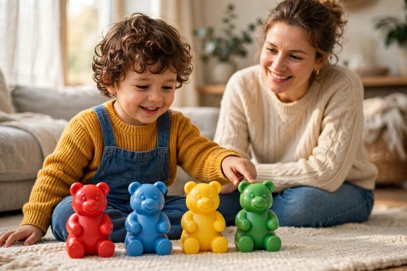 Smiling preschooler lining up colorful counting bears on the rug with a parent