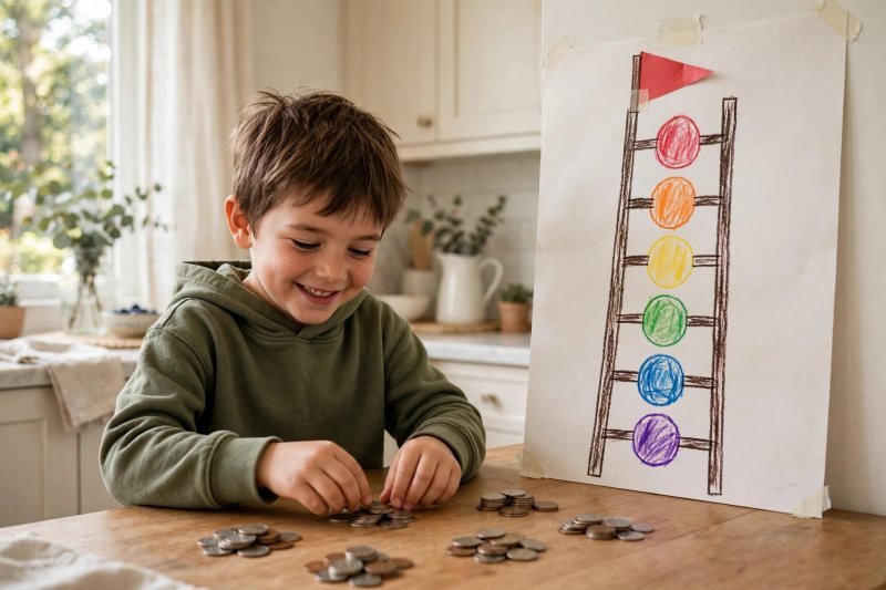 Smiling child arranging real coins beside a hand-drawn ladder poster with a paper flag