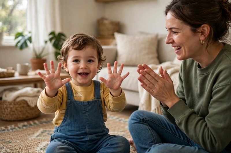 a proud 2-year-old holding up both hands showing ten fingers, beaming, with a parent clapping beside them on a living-room rug, warm window light