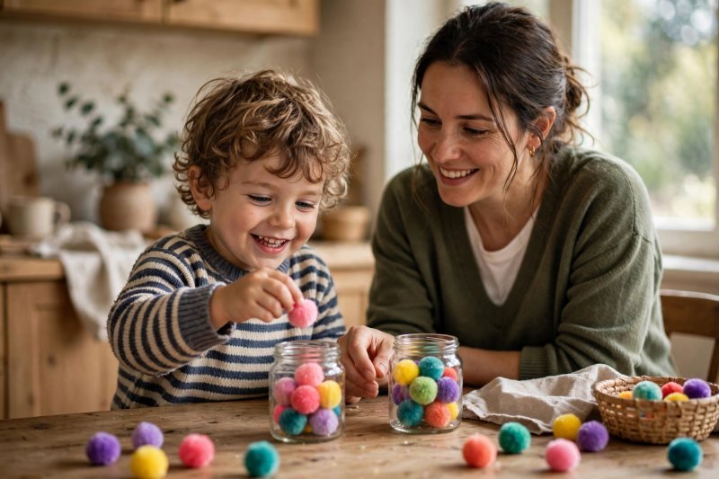 Smiling preschooler counting colorful pom-poms into jars with a parent at a sunny table