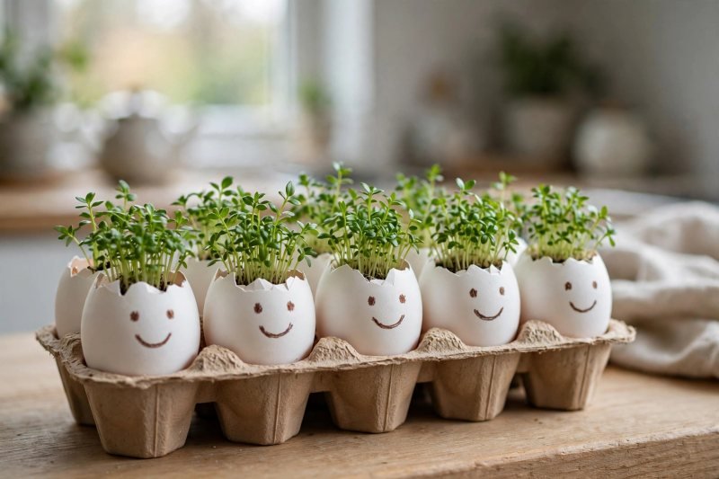 Decorated eggshell cress heads with smiley faces growing green cress in an egg box