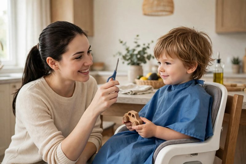 Toddler in blue cape holding toy car while mother shows blunt-tip scissors.