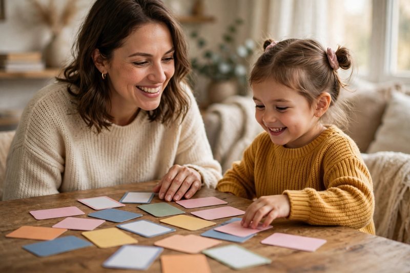Smiling mother and daughter playing CVC word games with colorful cards at home