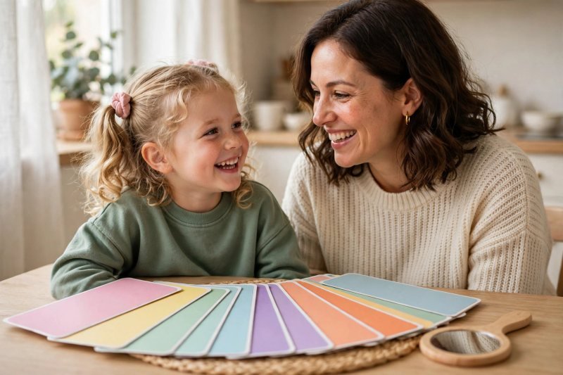 Mother and young daughter smiling over colorful blank word cards for CVC words practice.