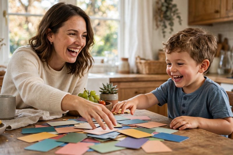 Mother and four-year-old boy laughing together at a sunlit kitchen table covered with face-down CVC word cards.