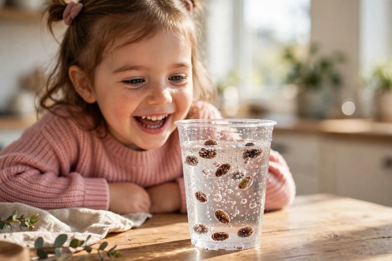Delighted preschool girl watching raisins dance in a cup of sparkling fizzy water