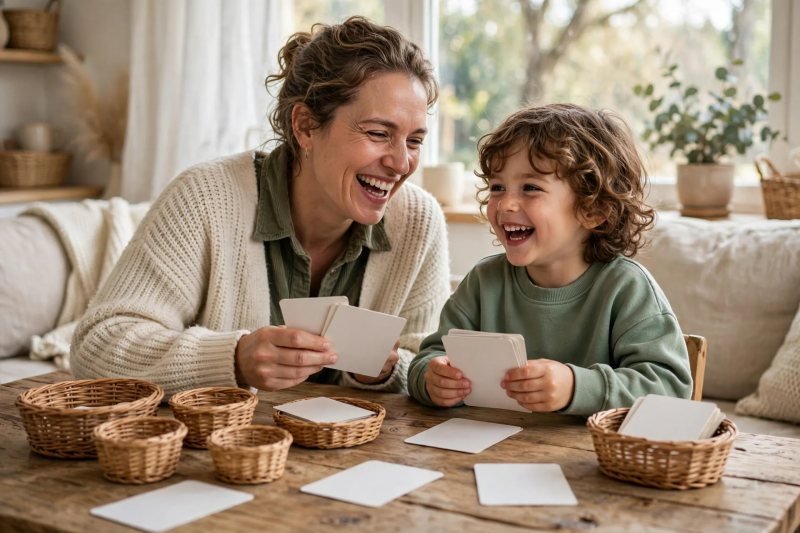 Mom and child laughing while sorting blank picture cards during digraph phonics play.