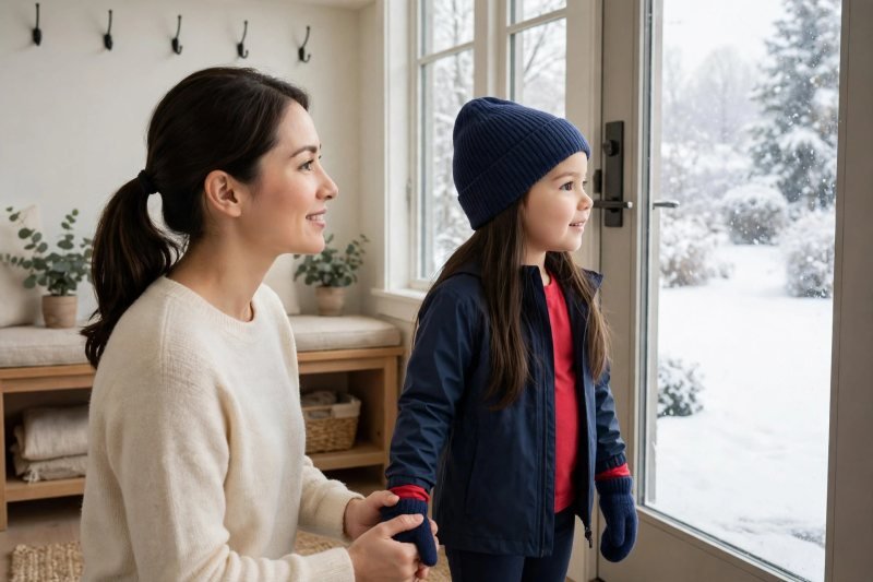 A girl in slim winter layers and shell jacket holds her mother's hand indoors.