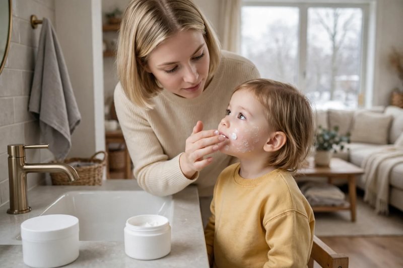 Mother dabbing cream onto girl's dry flaky cheek at bathroom sink.
