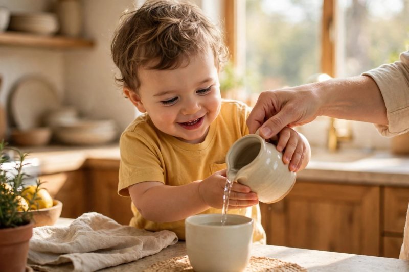 Toddler pouring water from a small jug into a cup, helped by a parent's hand.
