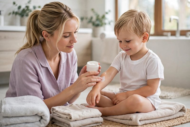 A mother smooths cream onto her toddler's forearm beside a towel after bathing.