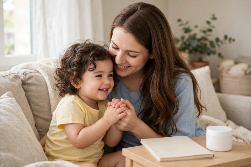 A mother cuddles her smiling toddler on a sofa beside a notebook and cream.