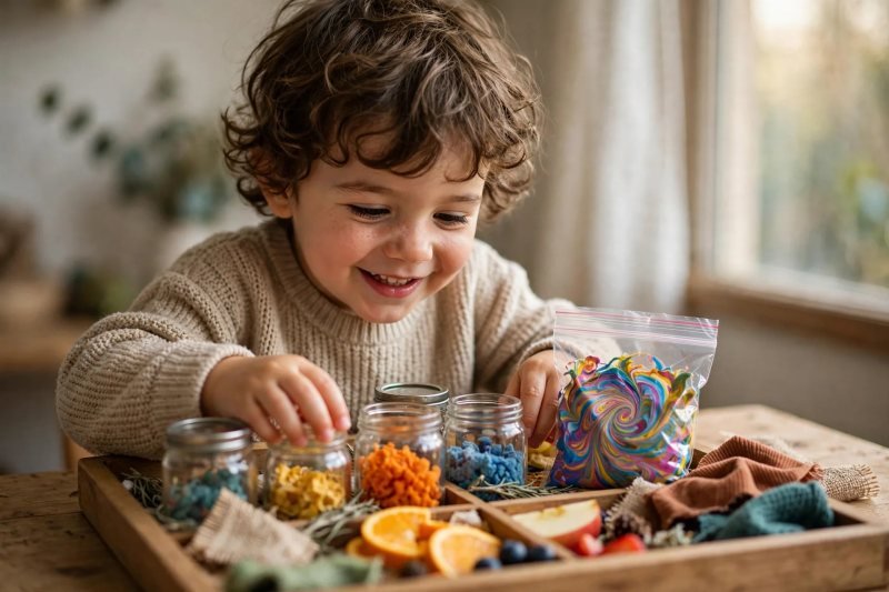 Curly-haired preschooler exploring a colorful sensory play tray with jars and paint.