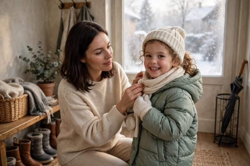Smiling preschooler in a puffer coat, knit hat, and scarf in a bright entryway