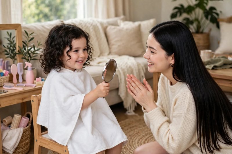 Girl in towel cape holding mirror while mother applauds beside her