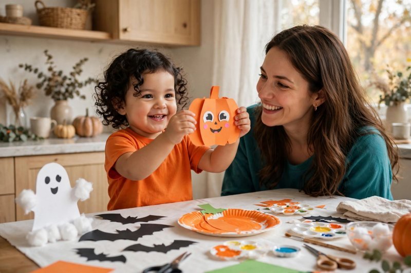 Toddler holding up an orange paper pumpkin craft while her mother smiles beside her.