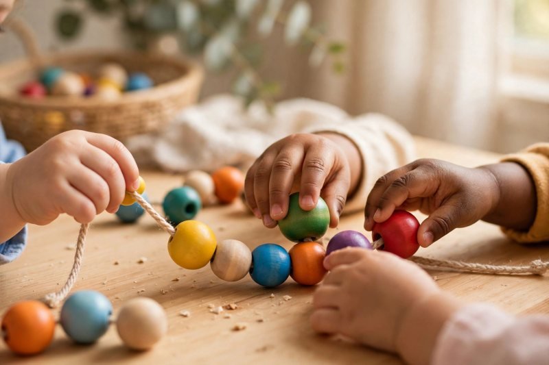 Close-up of a preschooler's hands threading large colorful wooden beads onto a string in soft window light