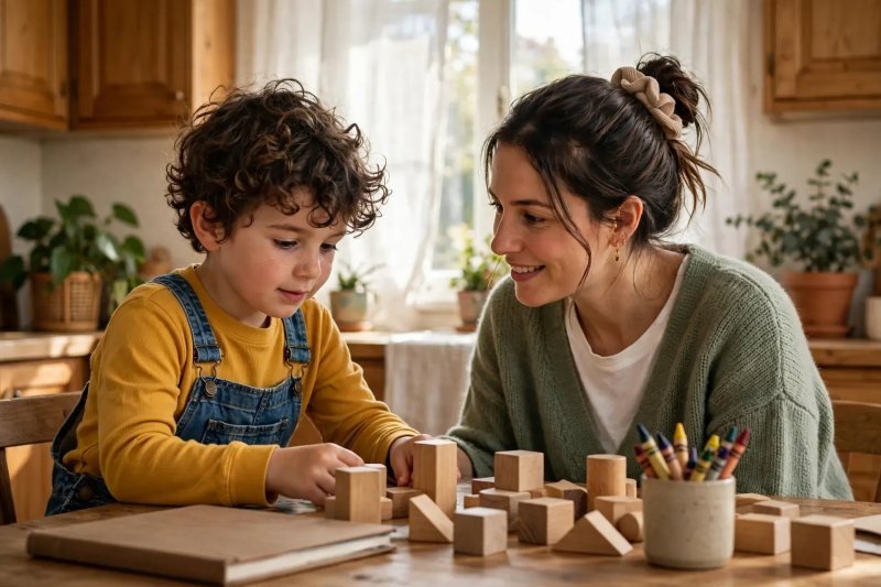 Mother and curly-haired boy building wooden blocks together at a sunny kitchen table.