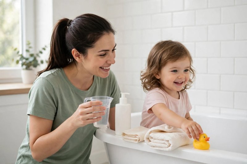 A mother holding a rinse cup beside her smiling toddler at a bathtub.