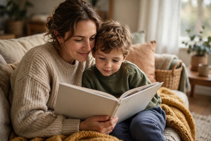 Mother and young daughter reading together on a sofa in warm window light.