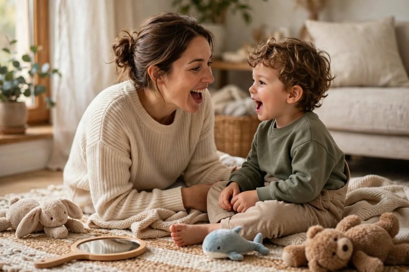 Parent and preschooler practicing letter sounds together on a living room rug.