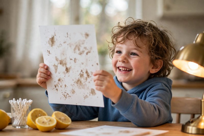 Child holding revealed invisible ink experiment message, blurred brown marks, bright kitchen