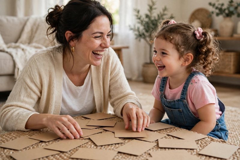 Mum and young daughter laughing while playing with blank homemade phonics cards on a rug.