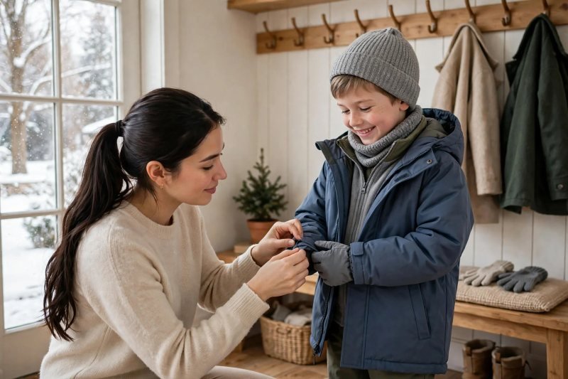 Mother adjusting the cuff of her son's zipped winter coat by the door.
