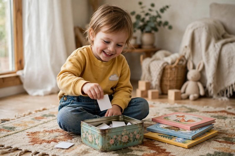 Five-year-old dropping handmade word cards into a decorated tin word bank.