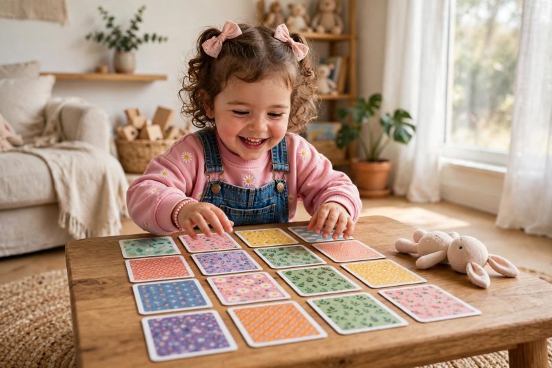 Happy preschooler playing memory games for preschoolers with face-down cards