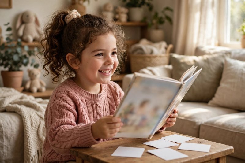 A smiling 5-year-old reading a picture book at a small wooden table in soft window light