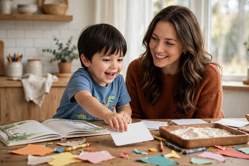 Mother and young son doing letter activities together at a sunlit kitchen table