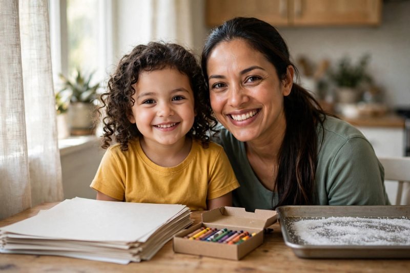 Mother and daughter smiling at a kitchen table stacked with face-down tracing worksheets and crayons.